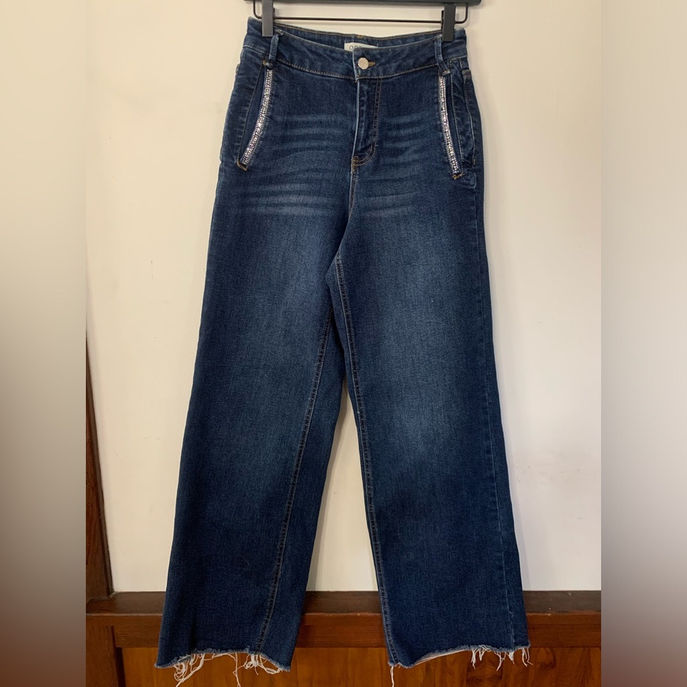 Oat New York High Rise Wide Leg Jeans Blue Raw Hem Embellished Size 25